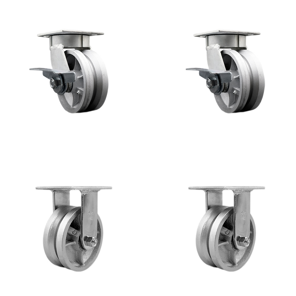 Kingpinless V Groove Semi Steel Swivel Top Plate Caster Set of 4 w/5" x 2" Silver Wheels - Includes 2 Swivel with Brakes & 2 Rigid - 4400 lbs Total Capacity - Service Caster Brand — photo 1