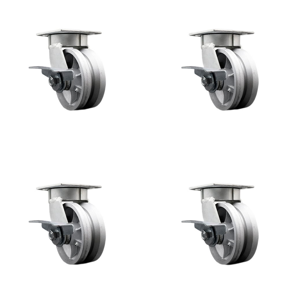 Heavy Duty Kingpinless Swivel Caster Set of 4 with 5 Inch V-Groove Semi Steel Cast Iron Wheels and Bronze Bearings-Includes 4 Swivel with Side Lock Brake-4,400 lbs. Total Capacity-Service Caster Brand — photo 1