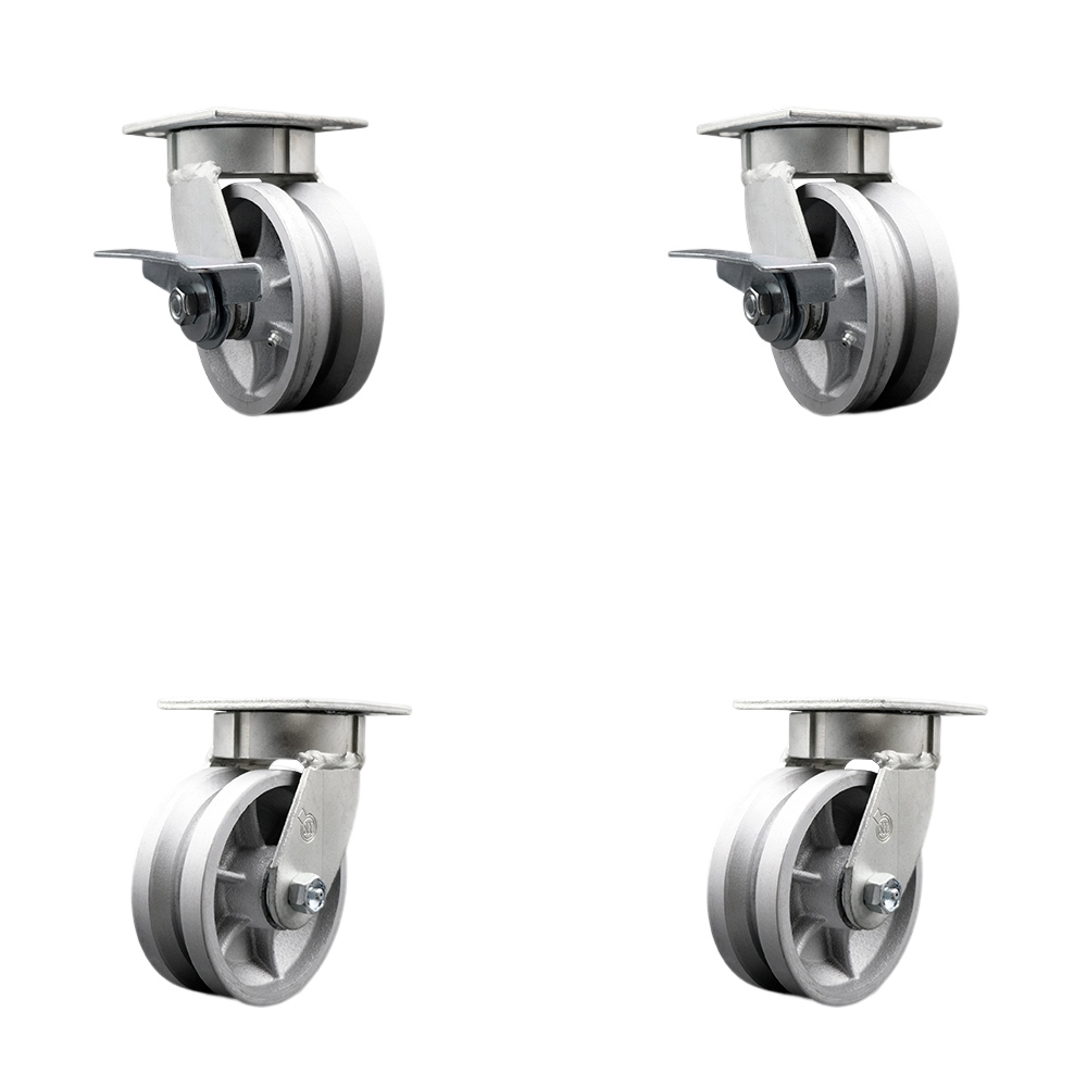 Heavy Duty Kingpinless Swivel Caster Set with 5 Inch V-Groove Semi Steel Wheels and Bronze Bearings-Includes 2 Swivel with Brake&Bolt on Swivel Locks and 2 Swivel with Swivel Lock-Service Caster Brand — photo 1