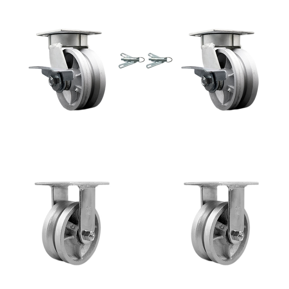 Kingpinless V Groove Semi Steel Swivel Top Plate Caster Set of 4 w/5" x 2" Silver Wheels - Includes 2 Swivel with Brakes and Bolt on Swivel Locks&2 Rigid-4400 lbs Total Capacity - Service Caster Brand — photo 1