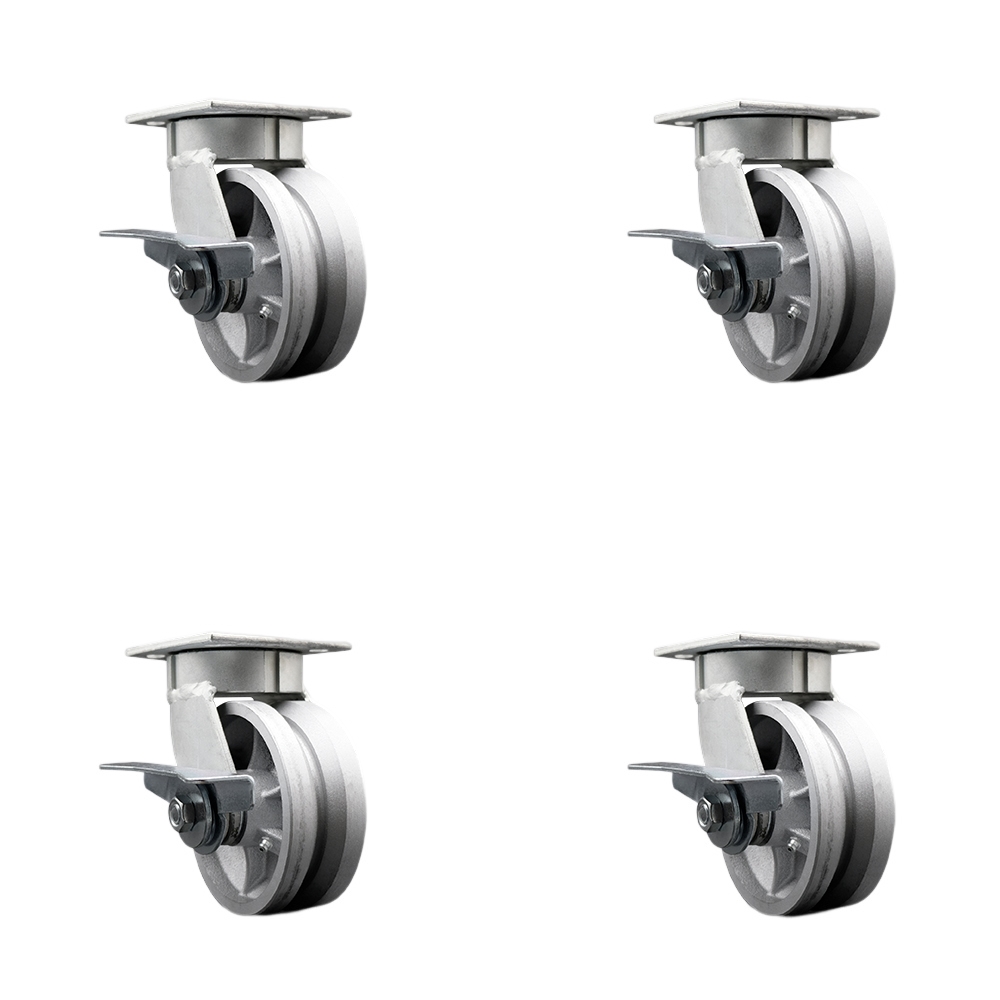 Heavy Duty Kingpinless Swivel Caster Set of 4 with 5 Inch V-Groove Semi Steel Cast Iron Wheels and Bronze Bearings-Includes 4 Swivel with Side Lock Brakes and Bolt on Swivel Locks-Service Caster Brand — photo 1