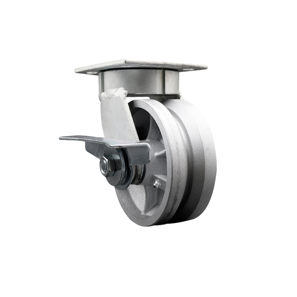 Heavy Duty Kingpinless Swivel Top Plate Caster with Side Lock Brake and 5 Inch V-Groove Semi Steel Cast Iron Wheel with Bronze Bearings - 1,100 lbs. Capacity/Caster - Service Caster Brand — photo 1