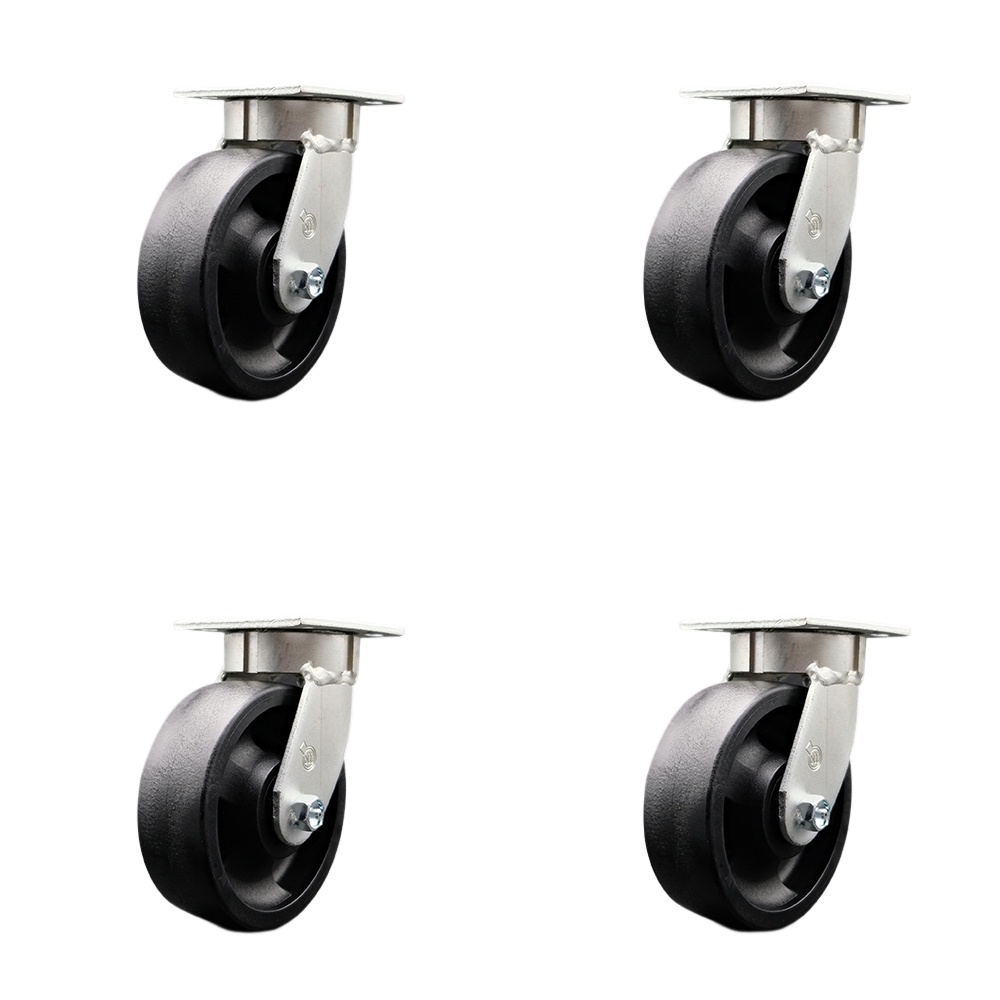 Kingpinless Glass Filled Nylon Swivel Top Plate Caster Set of 4 w/6" x 2" Black Wheels - Includes 4 Swivel - 5000 lbs Total Capacity - Service Caster Brand — photo 1
