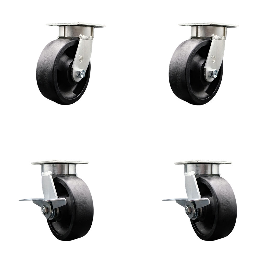 Kingpinless Glass Filled Nylon Swivel Top Plate Caster Set of 4 w/6" x 2" Black Wheels - Includes 2 Swivel with Bolt on Swivel Locks&2 Swivel with Brakes-5000 lbs Total Capacity - Service Caster Brand — photo 1