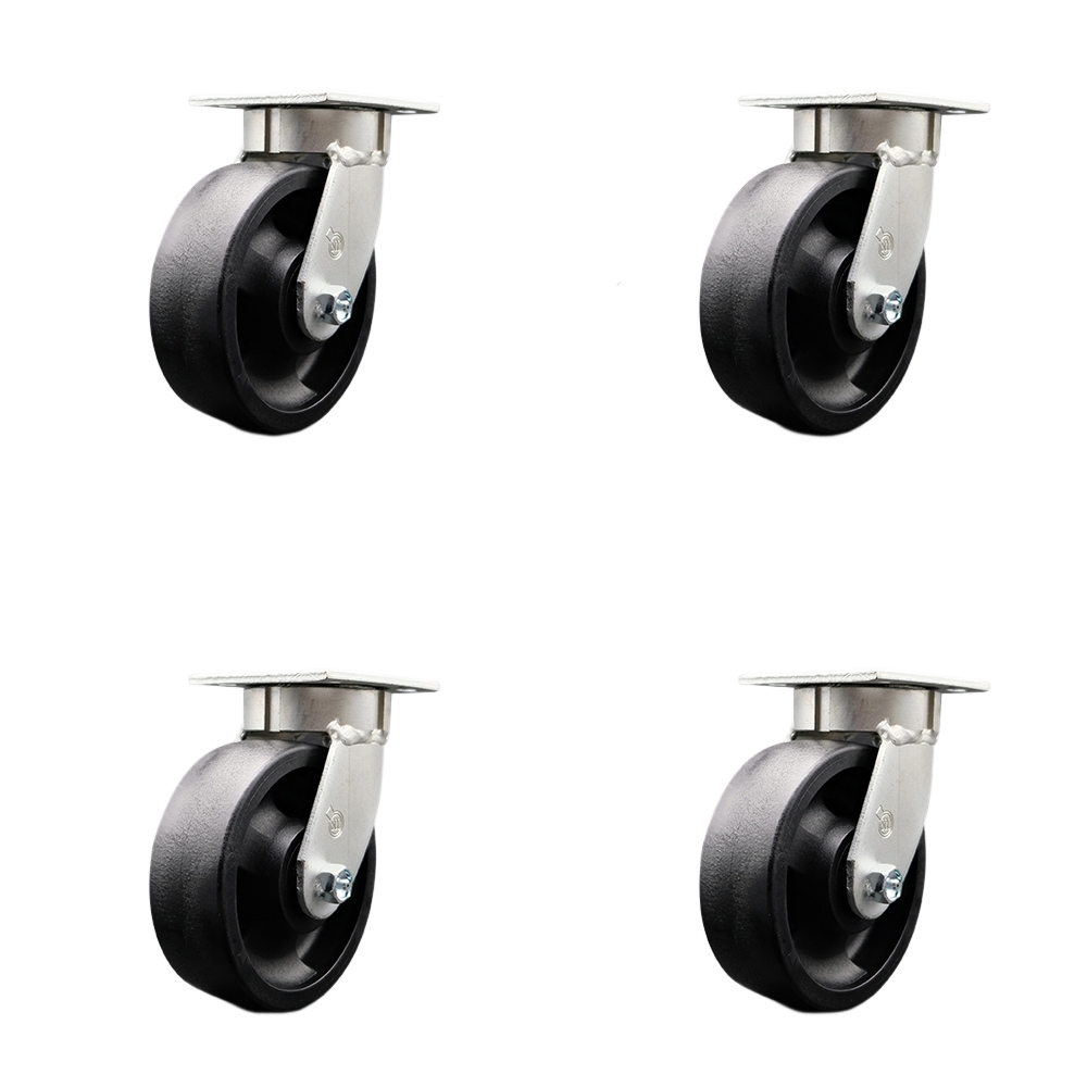 Kingpinless Glass Filled Nylon Swivel Top Plate Caster Set of 4 w/6" x 2" Black Wheels - Includes 4 Swivel w/Bolt on Swivel Locks - 5000 lbs Total Capacity - Service Caster Brand — photo 1