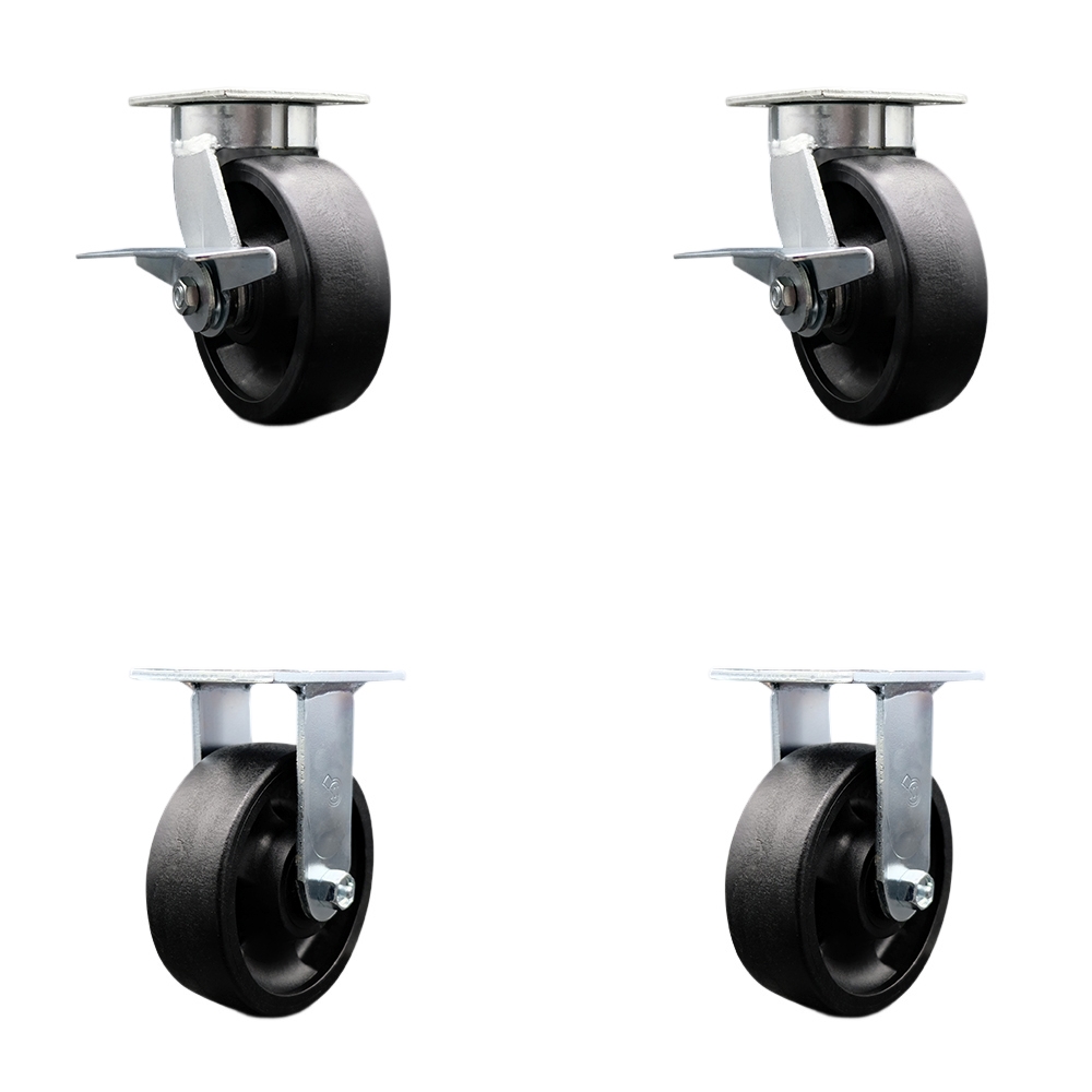 Kingpinless Glass Filled Nylon Swivel Top Plate Caster Set of 4 w/6" x 2" Black Wheels - Includes 2 Swivel with Brakes & 2 Rigid - 5000 lbs Total Capacity - Service Caster Brand — photo 1