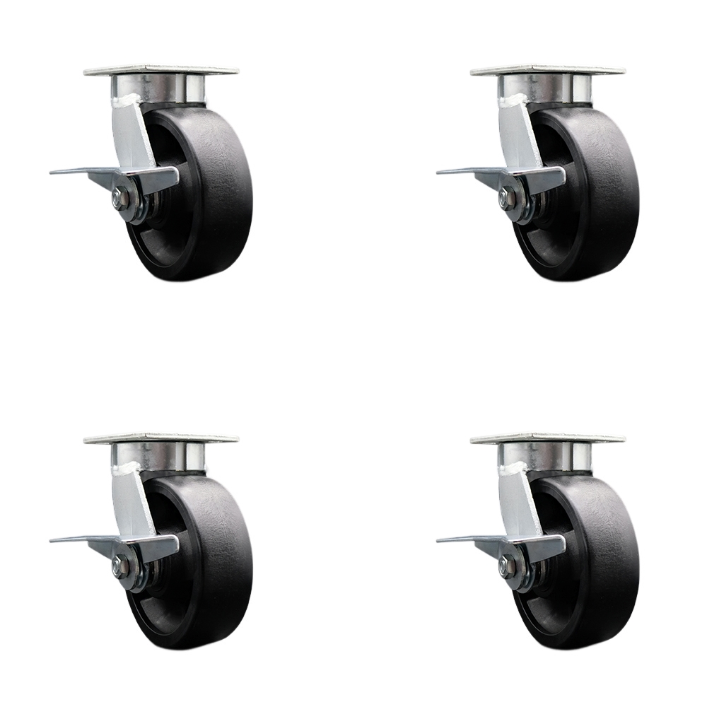 Kingpinless Glass Filled Nylon Swivel Top Plate Caster Set of 4 w/6" x 2" Black Wheels - Includes 4 Swivel w/Side Lck Brakes - 5000 lbs Total Capacity - Service Caster Brand — photo 1