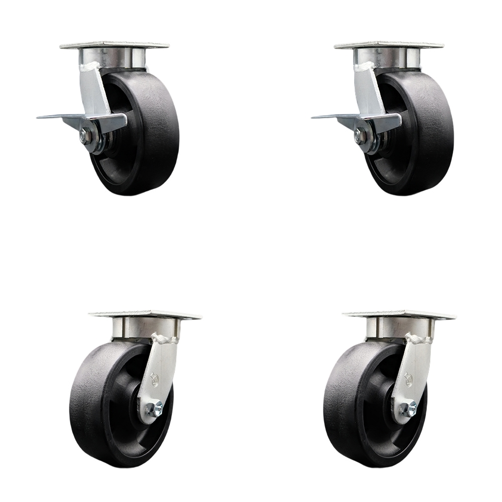 Kingpinless Glass Filled Nylon Swivel Top Plate Caster Set 4 w/6" x 2" Black Wheels-Includes 2 Swvl w/Brakes and Bolt on Swvl Lcks& 2 Swvl w/Bolt on Swvl Lcks-5000 lbs Total Cpty- Service Caster Brand — photo 1