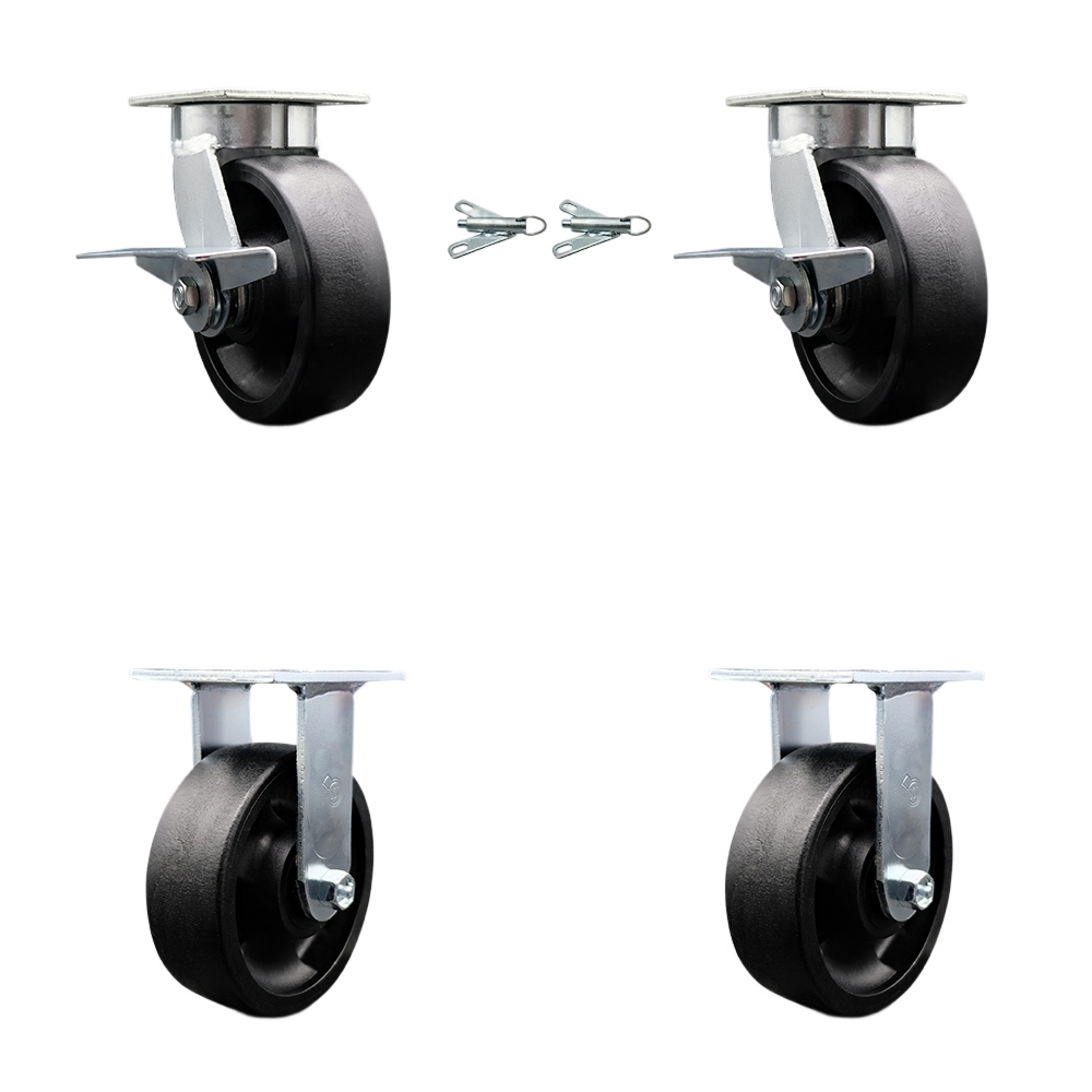 Kingpinless Glass Filled Nylon Swivel Top Plate Caster Set of 4 w/6" x 2" Black Wheels - Includes 2 Swivel with Brakes and Bolt on Swivel Locks & 2 Rigid-5000 lbs Total Capacity - Service Caster Brand — photo 1