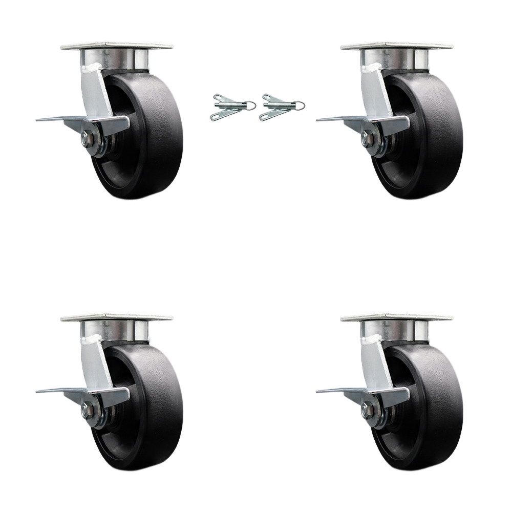 Kingpinless Glass Filled Nylon Swivel Top Plate Caster Set 4 w/6" x 2" Black Wheels-Includes 2 Swivel with Brakes and Bolt on Swivel Locks&2 Swivel with Brakes-5000 lbs Total Cpty-Service Caster Brand — photo 1