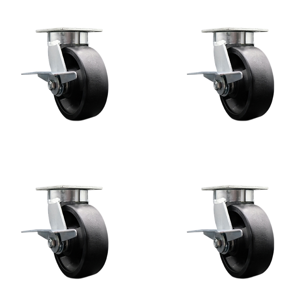 Kingpinless Glass Filled Nylon Swivel Top Plate Caster Set of 4 w/6" x 2" Black Wheels - Includes 4 Swivel w/Side Lck Brakes & Bolt on Swivel Locks - 5000 lbs Total Capacity - Service Caster Brand — photo 1