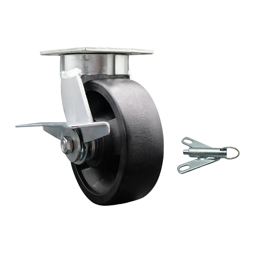 Kingpinless Glass Filled Nylon Swivel Top Plate Caster w/6" x 2" Black Wheel & Side Lck Brake and Bolt on Swivel Lock - 1250 lbs Capacity/Caster - Service Caster Brand — photo 1