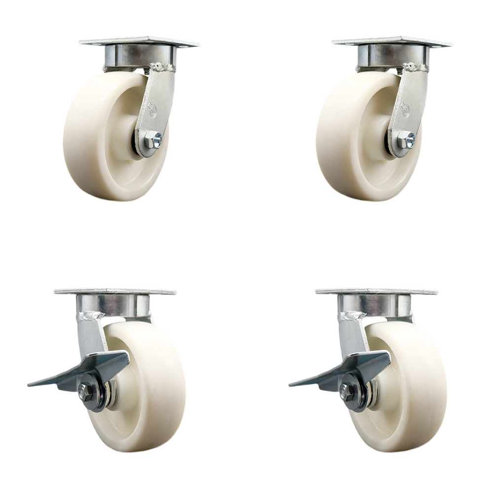 Kingpinless Nylon Swivel Top Plate Caster Set of 4 w/6" x 2" White Wheels - Includes 2 Swivel with Brakes & 2 Swivel - 5000 lbs Total Capacity - Service Caster Brand — photo 1
