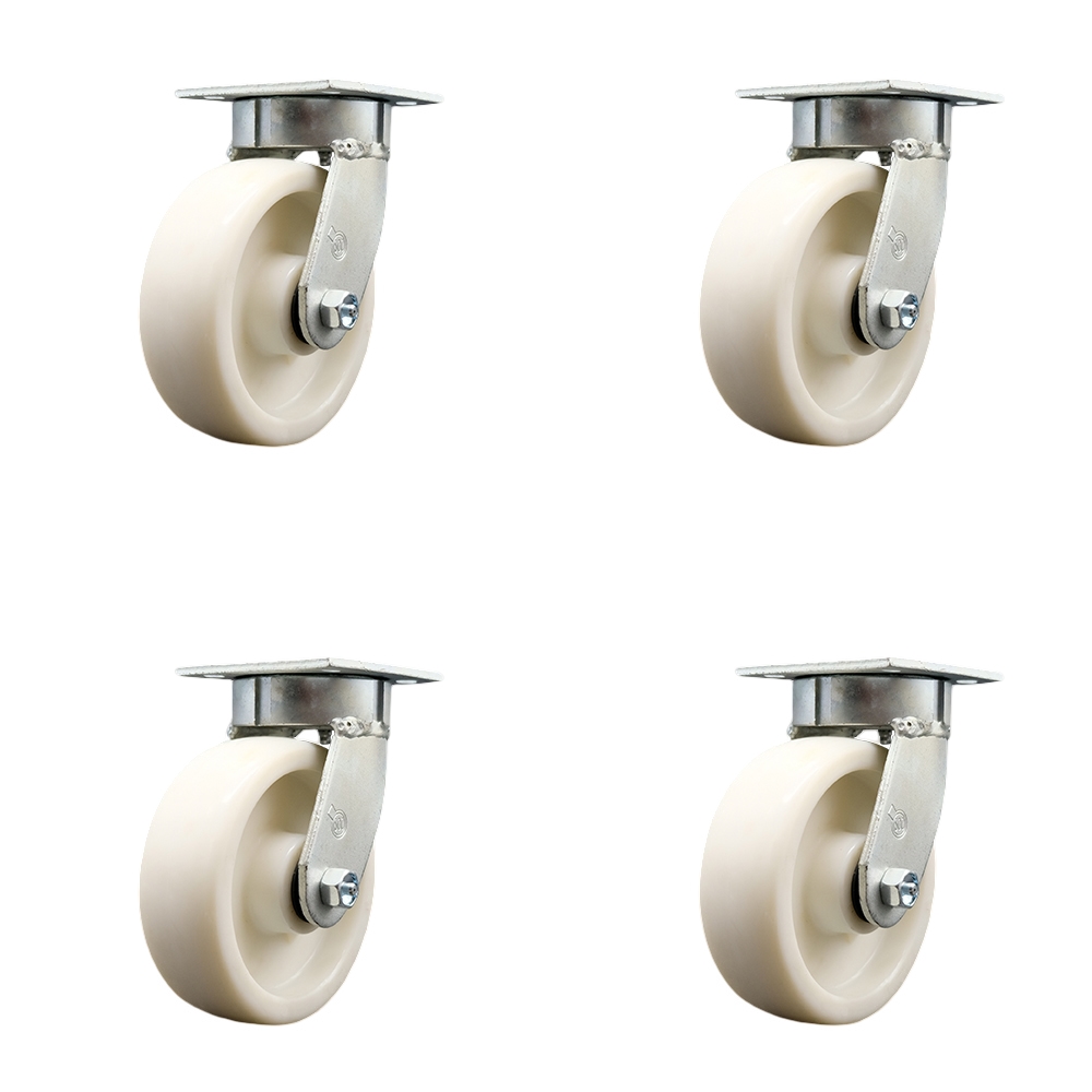 Kingpinless Nylon Swivel Top Plate Caster Set of 4 w/6" x 2" White Wheels - Includes 4 Swivel - 5000 lbs Total Capacity - Service Caster Brand — photo 1