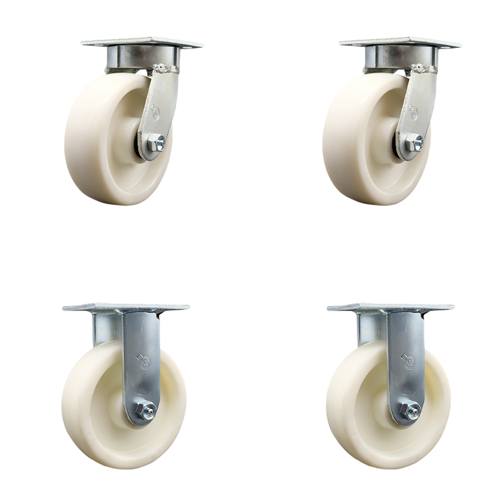 Heavy Duty Kingpinless Swivel Caster Set of 4 with 6 Inch Nylon Wheels and Ball Bearings - Includes 2 Swivel with Bolt on Swivel Locks and 2 Rigid - Service Caster Brand — photo 1