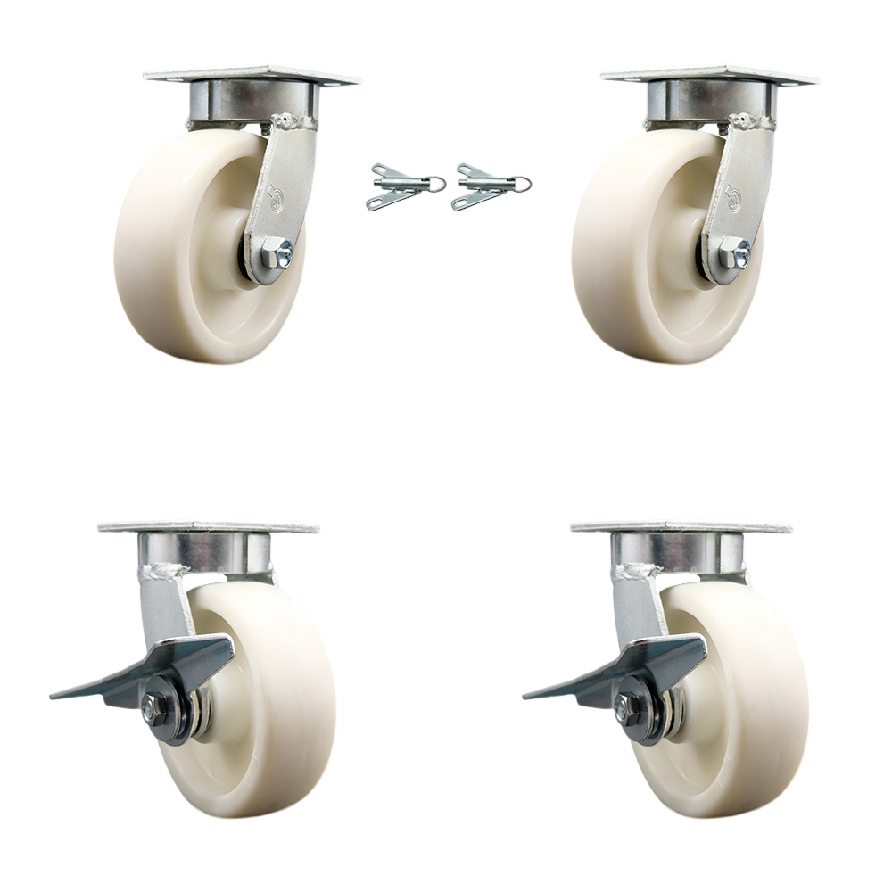 Kingpinless Nylon Swivel Top Plate Caster Set of 4 w/6" x 2" White Wheels - Includes 2 Swivel with Bolt on Swivel Locks&2 Swivel with Brakes-5000 lbs Total Capacity - Service Caster Brand — photo 1