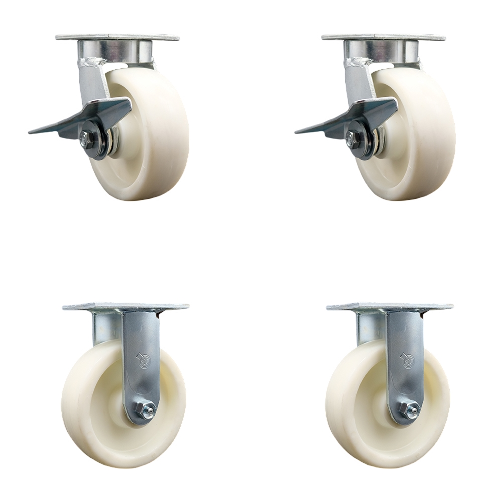 Heavy Duty Kingpinless Swivel Caster Set of 4 with 6 Inch Nylon Wheels and Ball Bearings - Includes 2 Swivel with Brakes and 2 Rigid - 5,000 lbs. Total Capacity - Service Caster Brand — photo 1