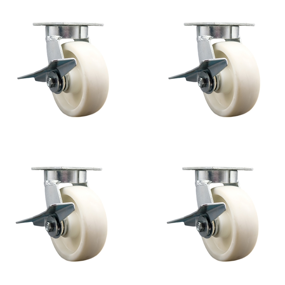 Kingpinless Nylon Swivel Top Plate Caster Set of 4 w/6" x 2" White Wheels - Includes 4 Swivel w/Side Lck Brakes - 5000 lbs Total Capacity - Service Caster Brand — photo 1