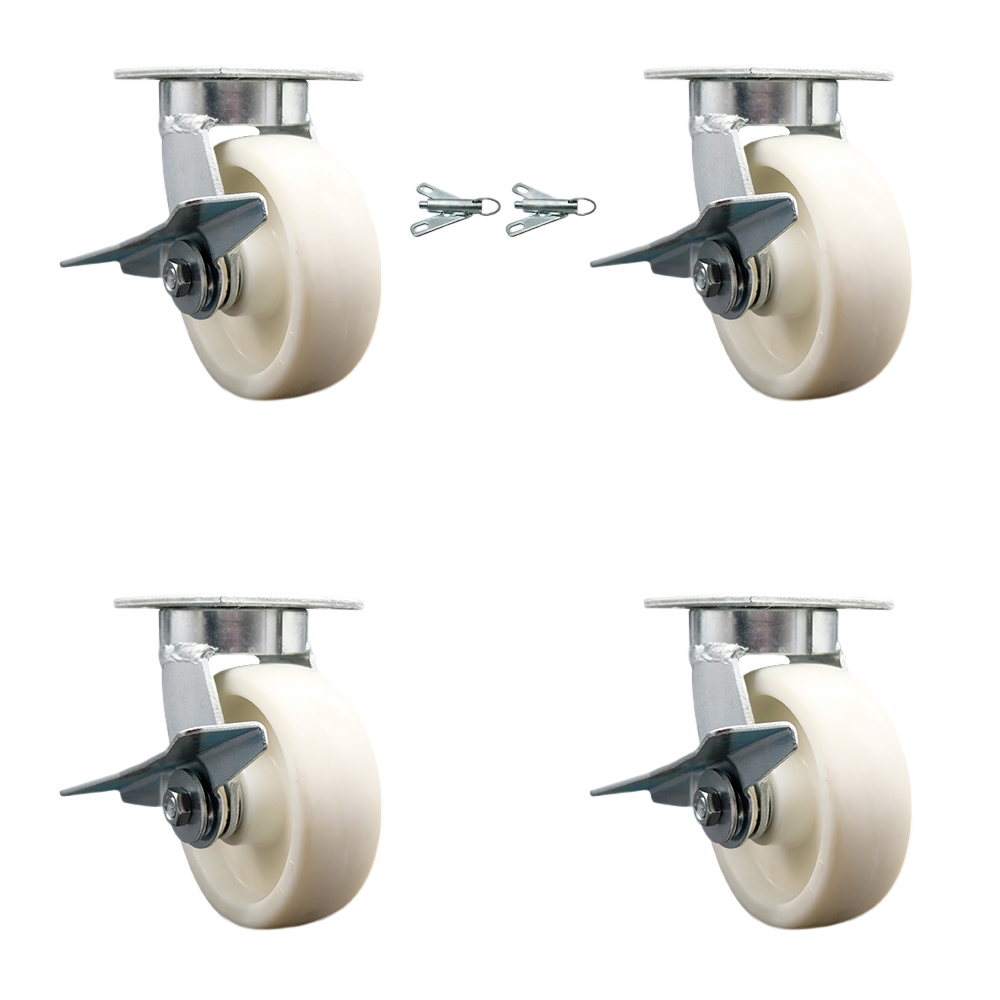 Kingpinless Nylon Swivel Top Plate Caster Set 4 w/6" x 2" White Wheels-Includes 2 Swivel with Brakes and Bolt on Swivel Locks&2 Swivel with Brakes-5000 lbs Total Cpty-Service Caster Brand — photo 1