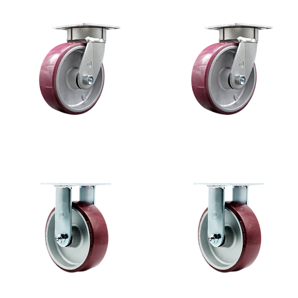 Kingpinless Polyurethane on Aluminum Swivel Top Plate Caster Set of 4 w/6" x 2" Maroon Wheels - Includes 2 Swivel & 2 Rigid - 4800 lbs Total Capacity - Service Caster Brand — photo 1