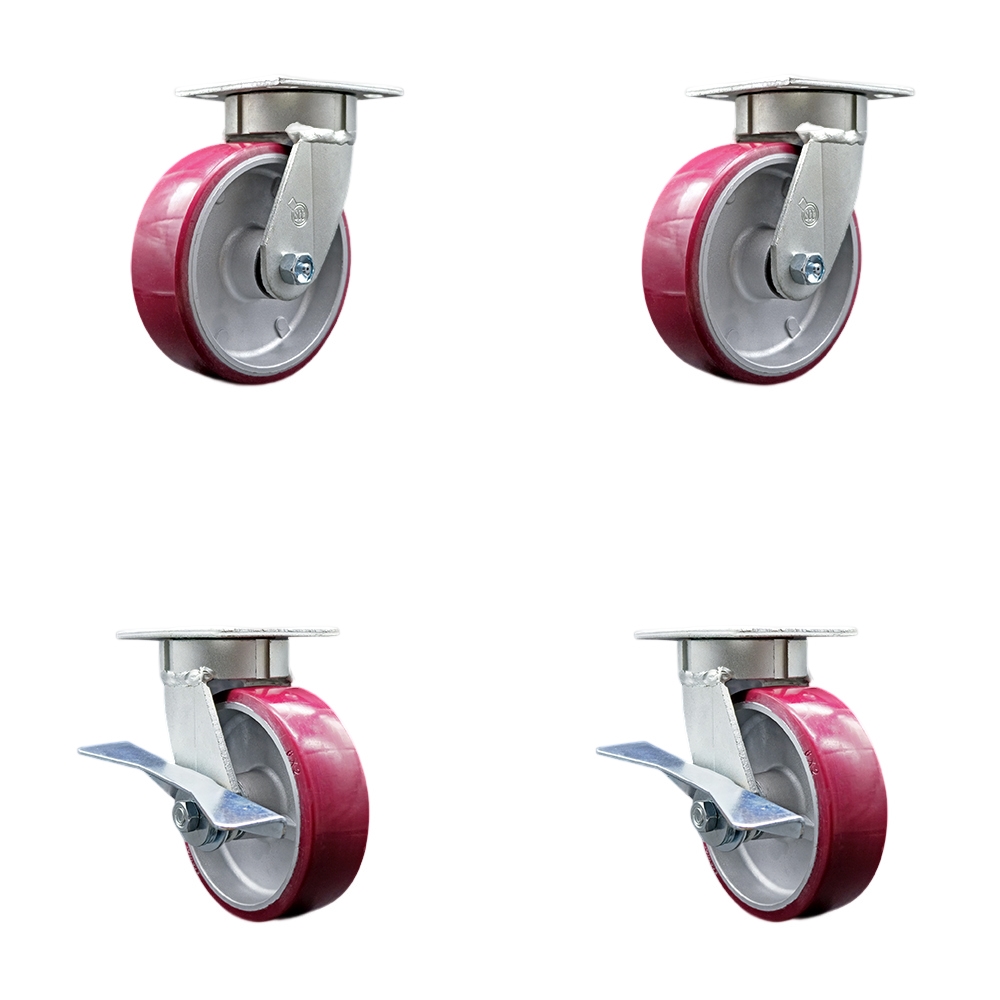Heavy Duty Kingpinless Swivel Caster Set of 4 with 6 Inch Polyurethane on Aluminum Wheels and Ball Bearings -Includes 2 Swivel with Brakes and 2 Swivel-4,800 lbs. Total Capacity - Service Caster Brand — photo 1