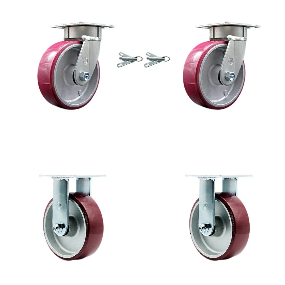 Kingpinless Polyurethane on Aluminum Swivel Top Plate Caster Set of 4 w/6" x 2" Maroon Wheels - Includes 2 Swivel with Bolt on Swivel Locks & 2 Rigid - 4800 lbs Total Capacity - Service Caster Brand — photo 1