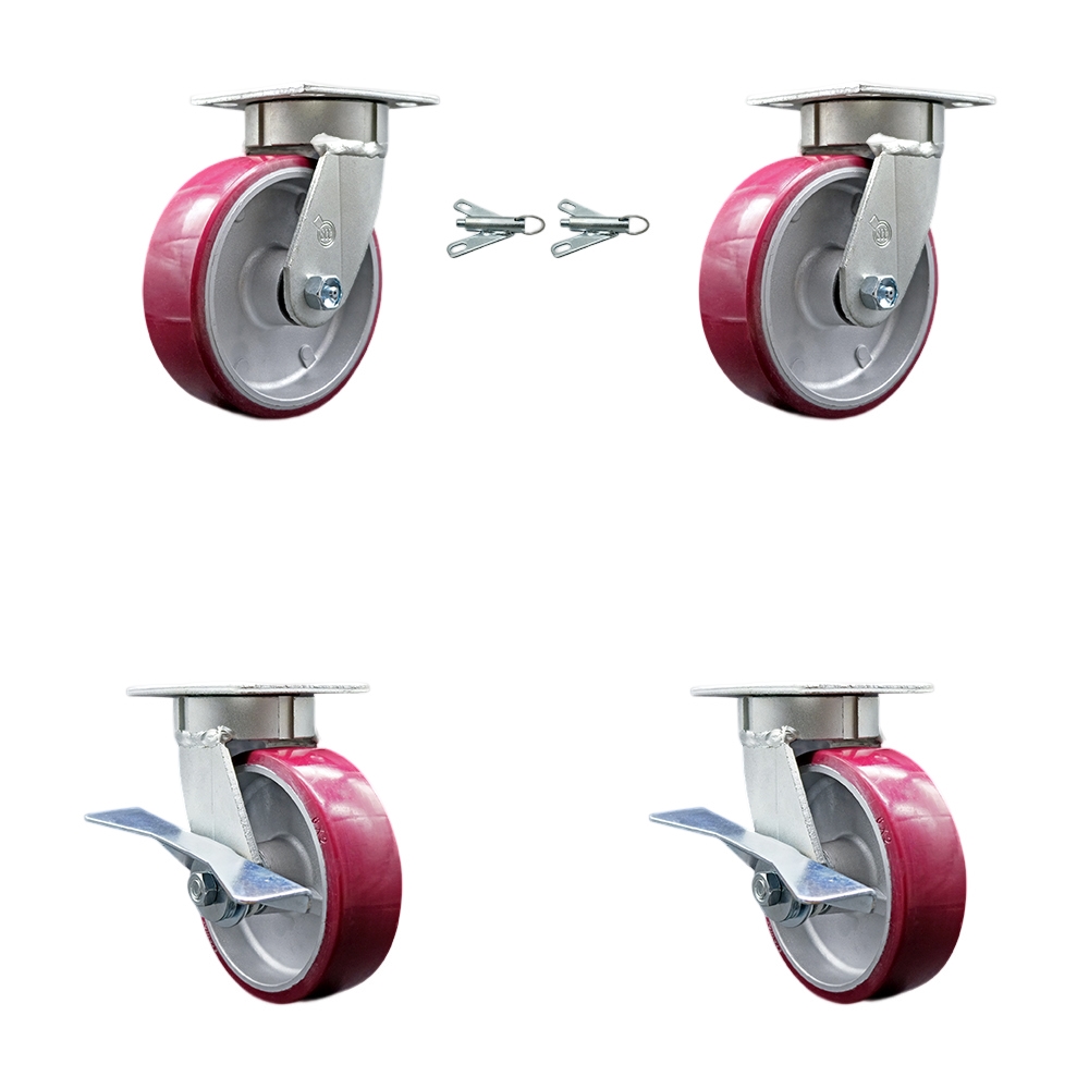 Heavy Duty Kingpinless Swivel Caster Set of 4 with 6 Inch Polyurethane on Aluminum Wheels and Ball Bearings - Includes 2 Swivel with Bolt on Swivel Locks and 2 Swivel with Brakes- Service Caster Brand — photo 1