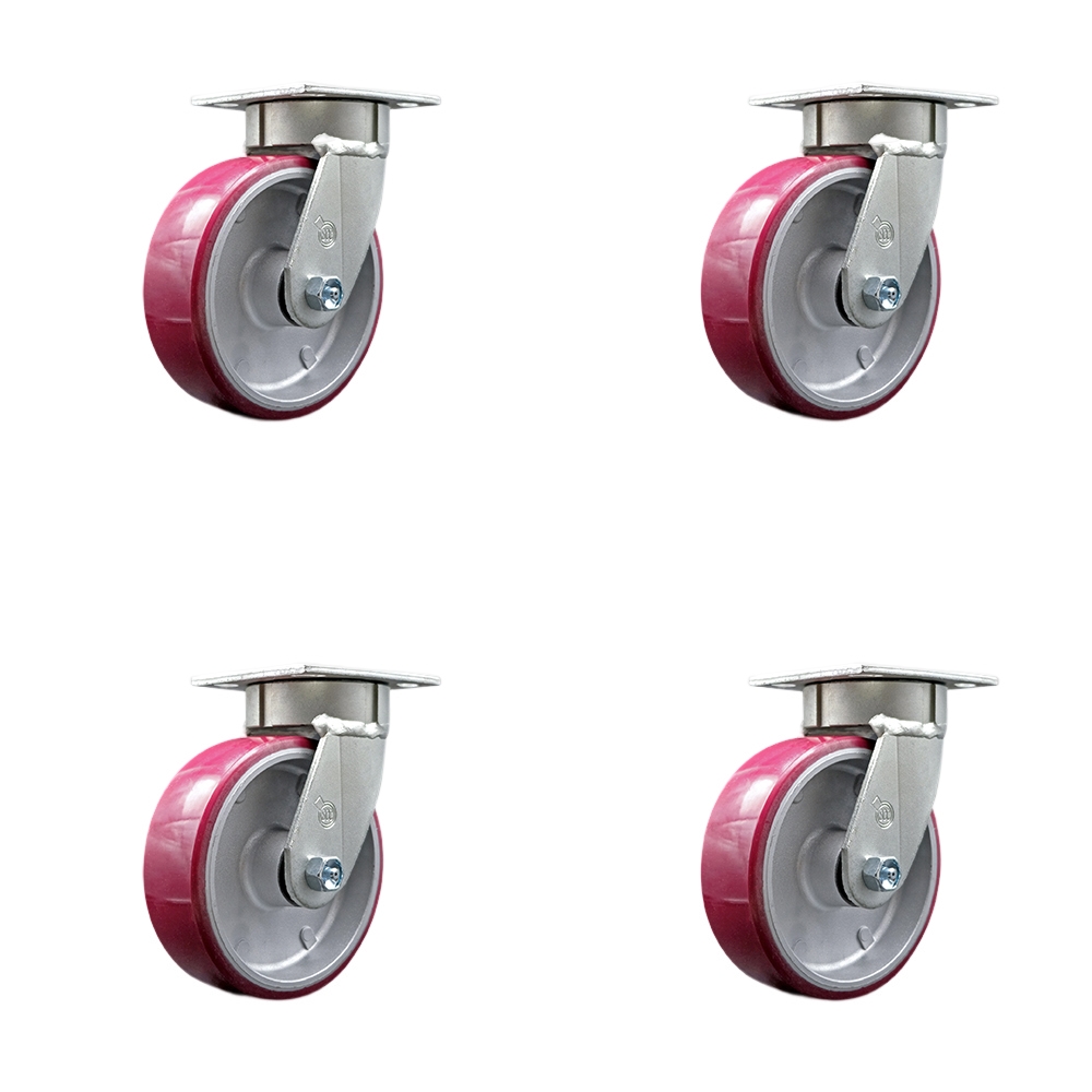 Kingpinless Polyurethane on Aluminum Swivel Top Plate Caster Set of 4 w/6" x 2" Maroon Wheels - Includes 4 Swivel w/Bolt on Swivel Locks - 4800 lbs Total Capacity - Service Caster Brand — photo 1