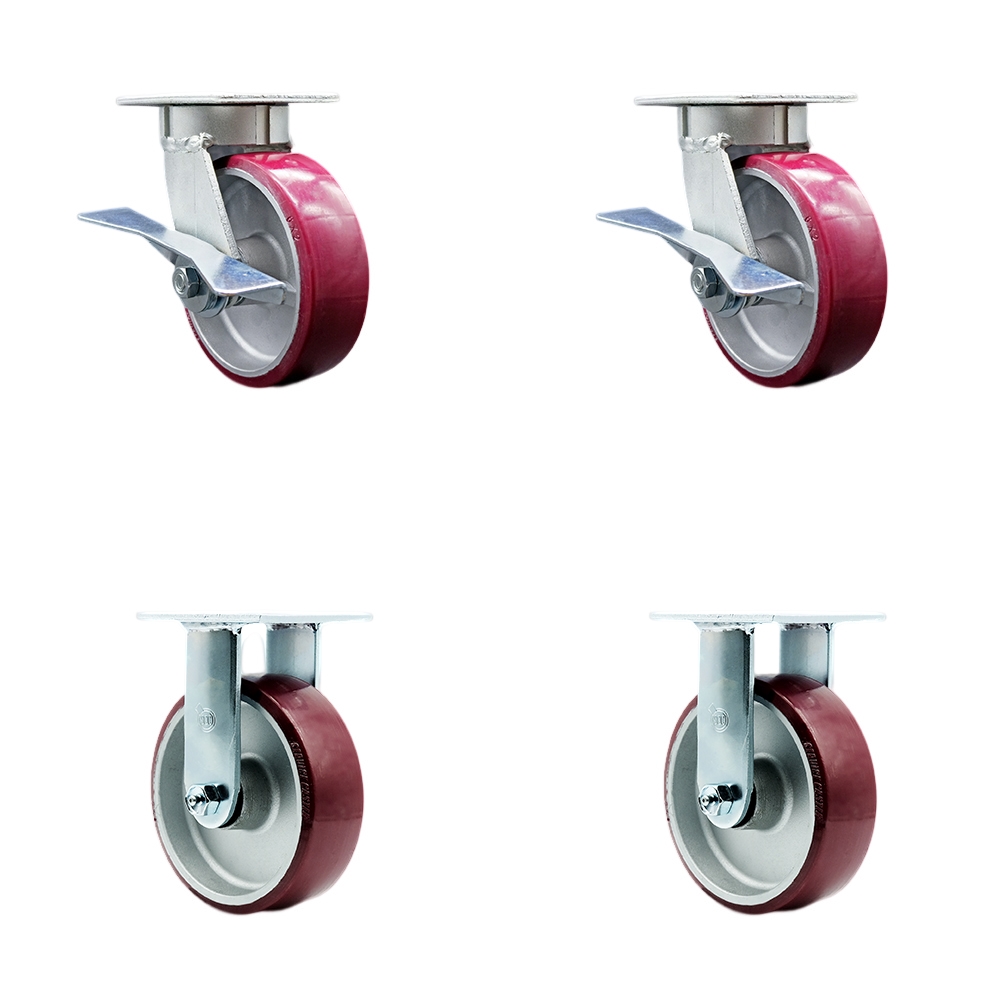 Kingpinless Polyurethane on Aluminum Swivel Top Plate Caster Set of 4 w/6" x 2" Maroon Wheels - Includes 2 Swivel with Brakes & 2 Rigid - 4800 lbs Total Capacity - Service Caster Brand — photo 1