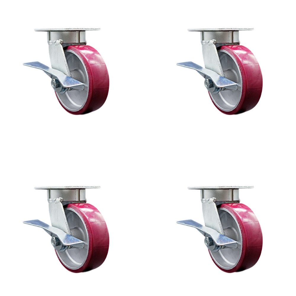 Kingpinless Polyurethane on Aluminum Swivel Top Plate Caster Set of 4 w/6" x 2" Maroon Wheels - Includes 4 Swivel w/Side Lck Brakes - 4800 lbs Total Capacity - Service Caster Brand — photo 1