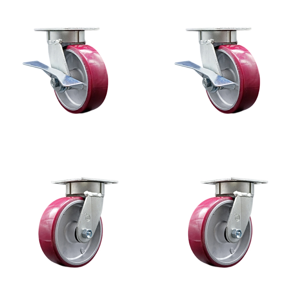 Kingpinless Poly on Aluminum Swivel Top Plate Caster Set 4 w/6" x 2" Maroon Wheels-Includes 2 Swvl w/Brakes and Bolt on Swvl Lcks&2 Swvl w/Bolt on Swvl Lcks-4800 lbs Total Cpty - Service Caster Brand — photo 1