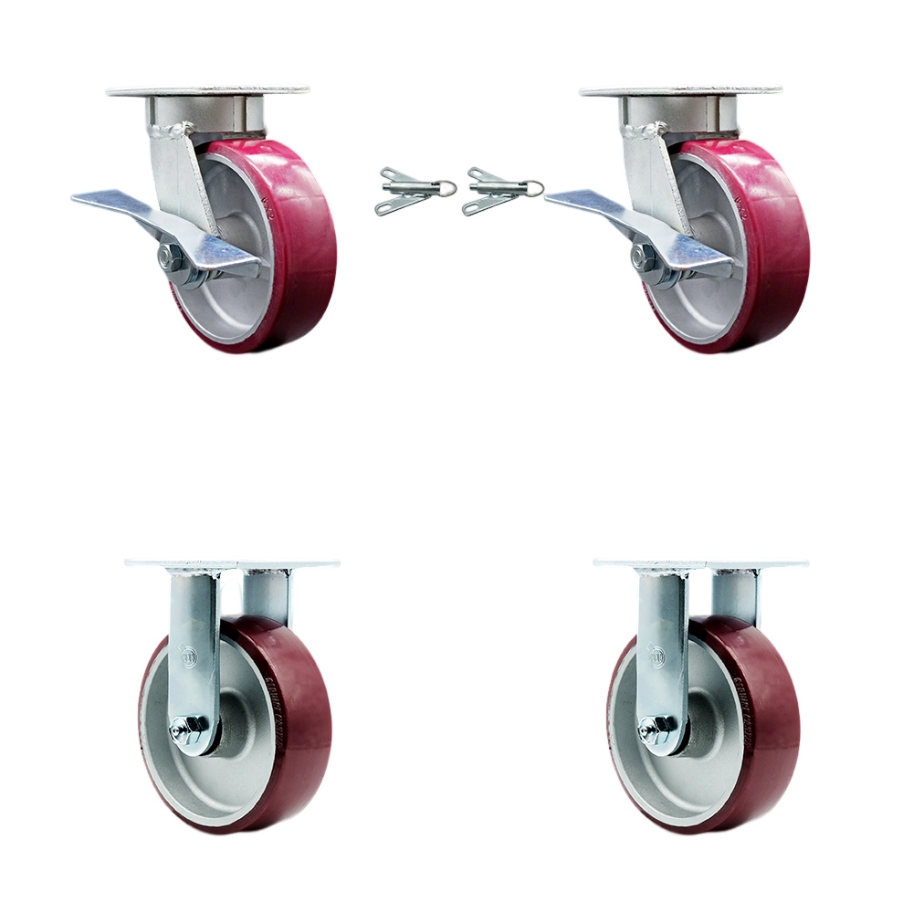 Kingpinless Polyurethane on Aluminum Swivel Top Plate Caster Set of 4 w/6" x 2" Maroon Wheels-Includes 2 Swivel with Brakes and Bolt on Swivel Locks& 2 Rigid-4800 lbs Total Cpty - Service Caster Brand — photo 1