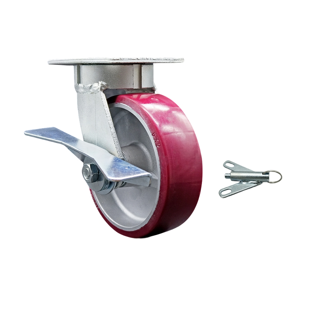 Kingpinless Polyurethane on Aluminum Swivel Top Plate Caster w/6" x 2" Maroon Wheel & Side Lck Brake and Bolt on Swivel Lock - 1200 lbs Capacity/Caster - Service Caster Brand — photo 1