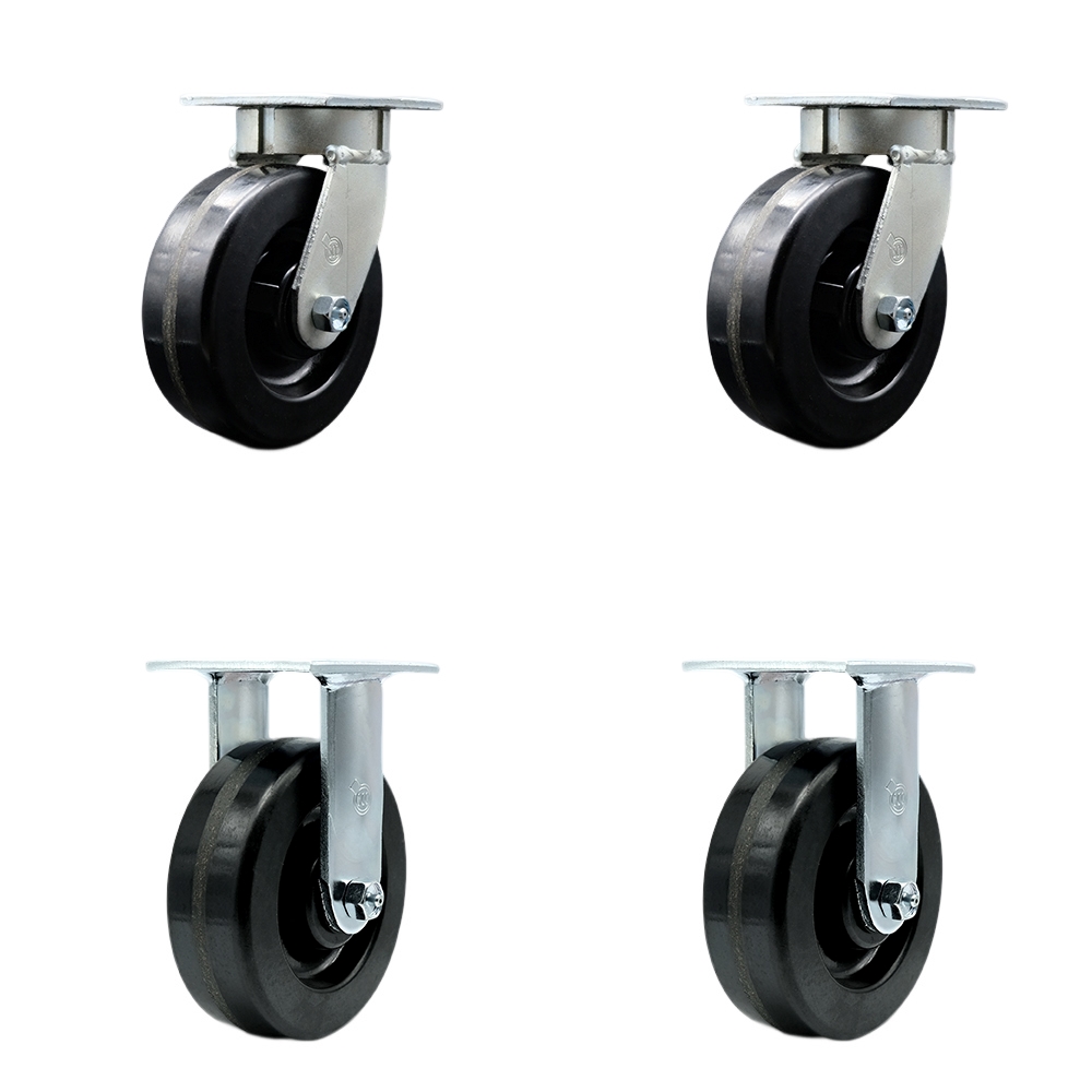 Kingpinless Phenolic Swivel Top Plate Caster Set of 4 w/6" x 2" Black Wheels - Includes 2 Swivel & 2 Rigid - 4800 lbs Total Capacity - Service Caster Brand — photo 1