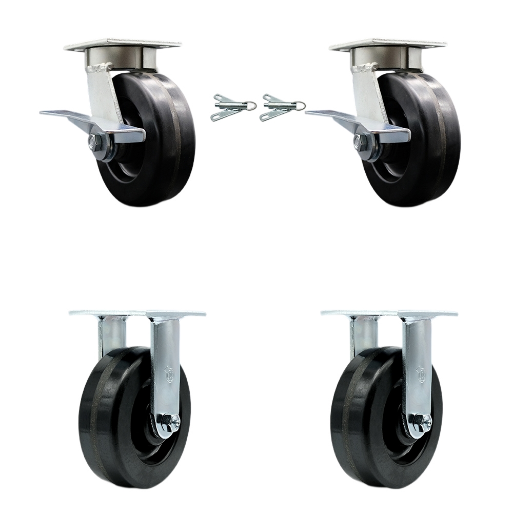 Kingpinless Phenolic Swivel Top Plate Caster Set of 4 w/6" x 2" Black Wheels - Includes 2 Swivel with Bolt on Swivel Locks & 2 Rigid - 4800 lbs Total Capacity - Service Caster Brand — photo 1