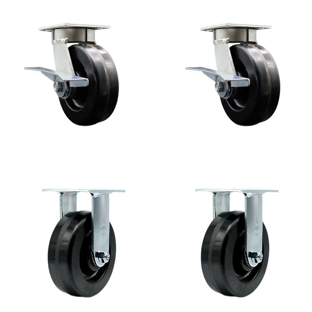 Kingpinless Phenolic Swivel Top Plate Caster Set of 4 w/6" x 2" Black Wheels - Includes 2 Swivel with Brakes & 2 Rigid - 4800 lbs Total Capacity - Service Caster Brand — photo 1