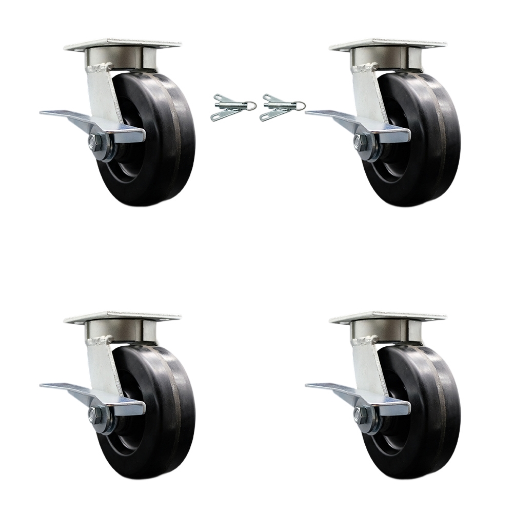 Kingpinless Phenolic Swivel Top Plate Caster Set 4 w/6" x 2" Black Wheels-Includes 2 Swivel with Brakes and Bolt on Swivel Locks&2 Swivel with Brakes-4800 lbs Total Cpty-Service Caster Brand — photo 1