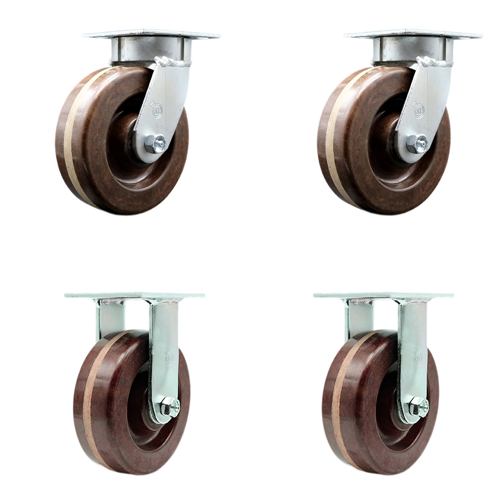 Kingpinless High Temperature Phenolic Swivel Top Plate Caster Set of 4 w/6" x 2" Brown Wheels - Includes 2 Swivel & 2 Rigid - 4800 lbs Total Capacity - Service Caster Brand — photo 1