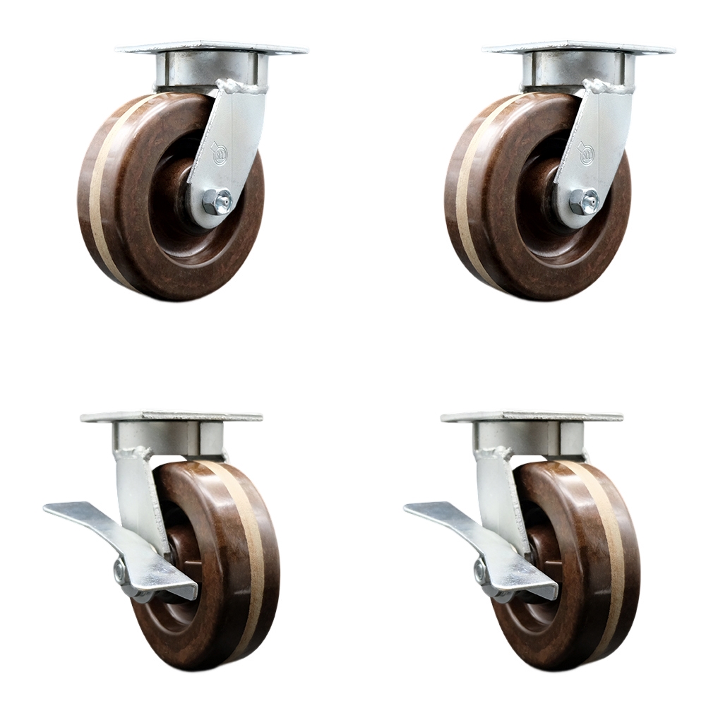 Kingpinless High Temperature Phenolic Swivel Top Plate Caster Set of 4 w/6" x 2" Brown Wheels - Includes 2 Swivel with Brakes & 2 Swivel - 4800 lbs Total Capacity - Service Caster Brand — photo 1