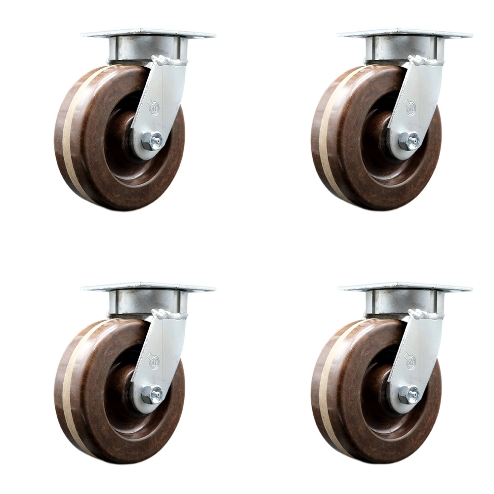 Kingpinless High Temperature Phenolic Swivel Top Plate Caster Set of 4 w/6" x 2" Brown Wheels - Includes 4 Swivel - 4800 lbs Total Capacity - Service Caster Brand — photo 1