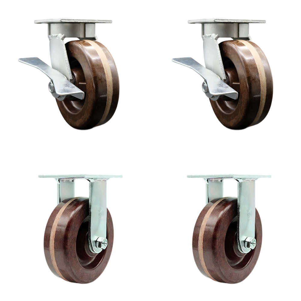 Kingpinless High Temperature Phenolic Swivel Top Plate Caster Set of 4 w/6" x 2" Brown Wheels - Includes 2 Swivel with Bolt on Swivel Locks & 2 Rigid - 4800 lbs Total Capacity - Service Caster Brand — photo 1