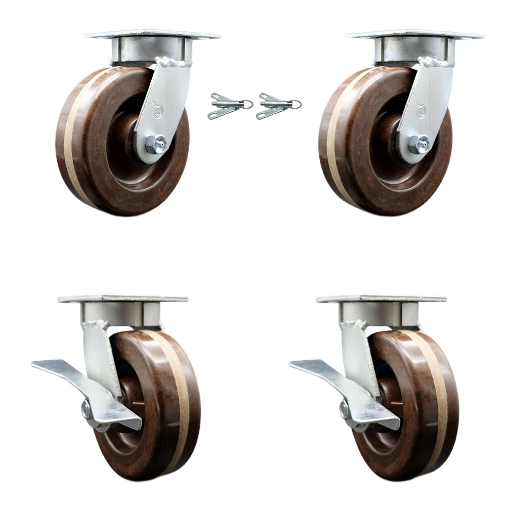 Heavy Duty Kingpinless Swivel Caster Set of 4 with 6 Inch High Temp Phenolic Wheels and Bronze Bearings - Include 2 Swivel with Bolt on Swivel Lock and 2 Swivel with Brake - Service Caster Brand — photo 1