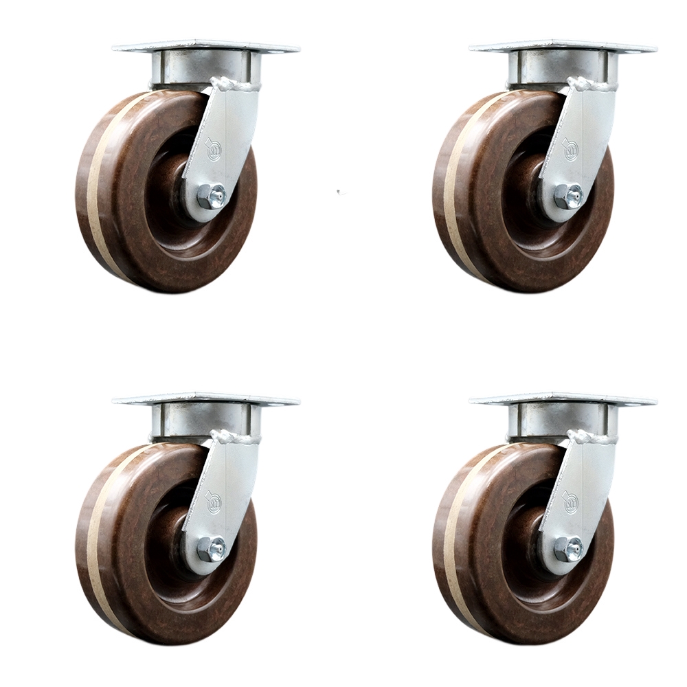 Kingpinless High Temperature Phenolic Swivel Top Plate Caster Set of 4 w/6" x 2" Brown Wheels - Includes 4 Swivel w/Bolt on Swivel Locks - 4800 lbs Total Capacity - Service Caster Brand — photo 1
