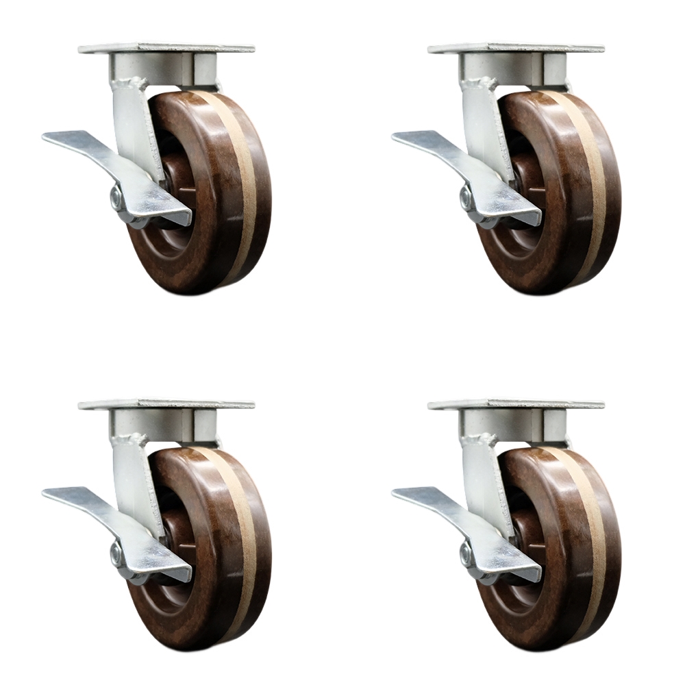 Kingpinless High Temperature Phenolic Swivel Top Plate Caster Set of 4 w/6" x 2" Brown Wheels - Includes 4 Swivel w/Side Lck Brakes - 4800 lbs Total Capacity - Service Caster Brand — photo 1