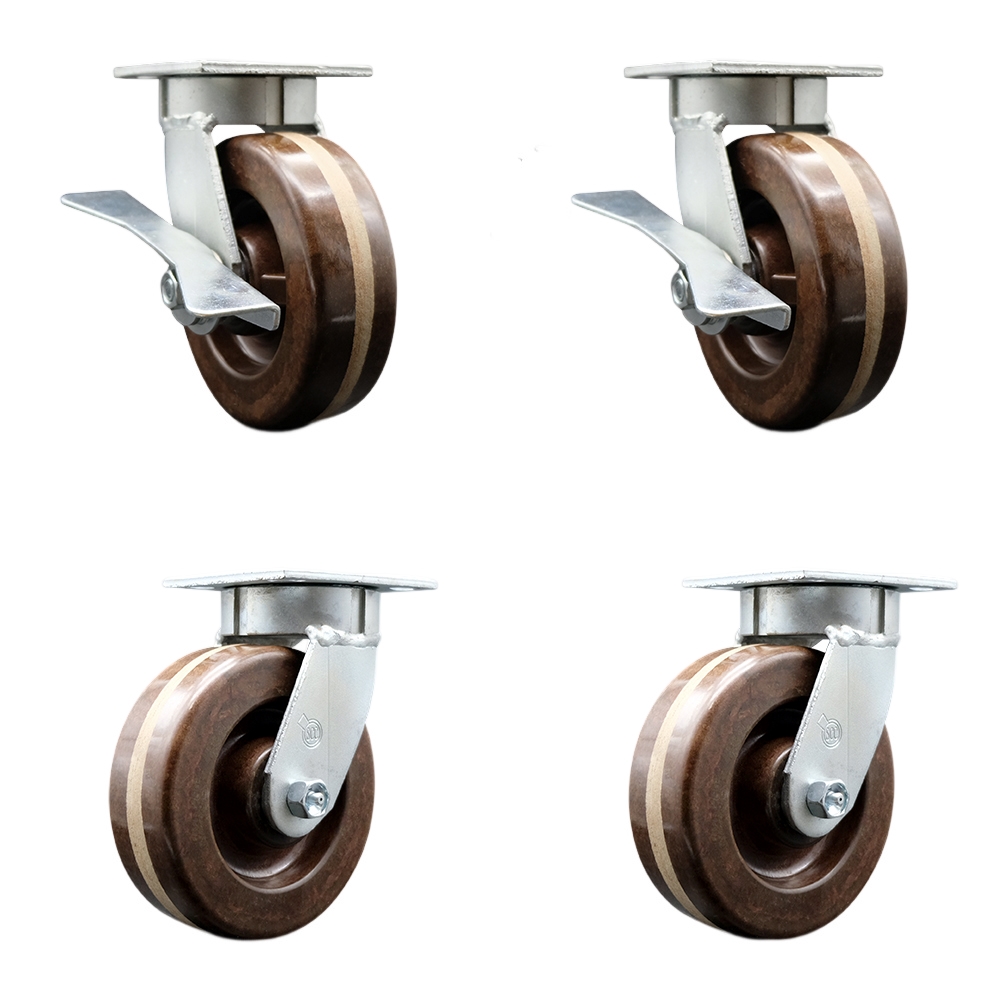 Heavy Duty Kingpinless Swivel Caster Set with 6 Inch High Temperature Glass Filled Nylon Wheels - Includes 2 Swivel with Brakes and Swivel Locks and 2 Swivel with Swivel Locks - Service Caster Brand — photo 1