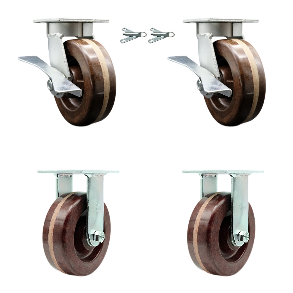 Kingpinless High Temperature Phenolic Swivel Top Plate Caster Set of 4 w/6" x 2" Brown Wheels-Includes 2 Swivel with Brakes and Bolt on Swivel Locks & 2 Rigid-4800lbs Total Cpty - Service Caster Brand — photo 1