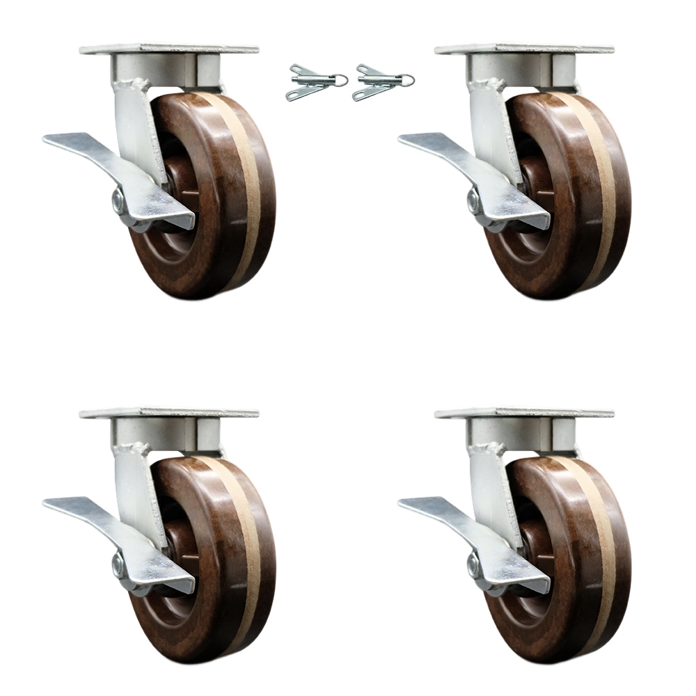 Heavy Duty Kingpinless Swivel Caster Set of 4 with 6 Inch High Temperature Glass Filled Nylon Wheels - Includes 2 Swivel with Brakes and Swivel Locks and 2 Swivel with Brakes - Service Caster Brand — photo 1