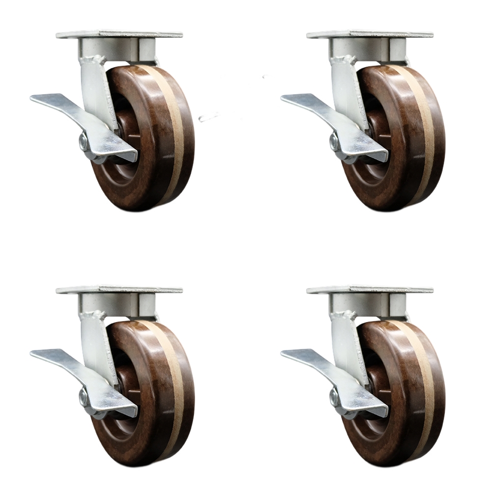 Kingpinless High Temperature Phenolic Swivel Top Plate Caster Set of 4 w/6" x 2" Brown Wheels - Includes 4 Swivel w/Side Lck Brakes & Bolt on Swivel Locks-4800lbs Total Capacity - Service Caster Brand — photo 1