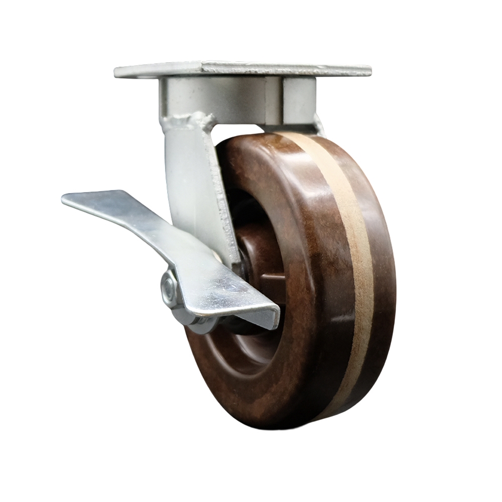 Kingpinless High Temperature Phenolic Swivel Top Plate Caster w/6" x 2" Brown Wheel & Side Lck Brake - 1200 lbs Capacity/Caster - Service Caster Brand — photo 1