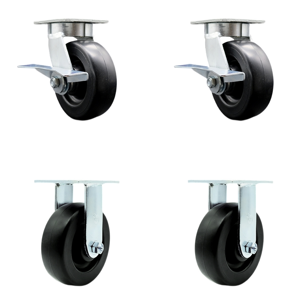 Kingpinless Polyolefin Swivel Top Plate Caster Set of 4 w/6" x 2" Black Wheels - Includes 2 Swivel with Brakes & 2 Rigid - 2800 lbs Total Capacity - Service Caster Brand — photo 1